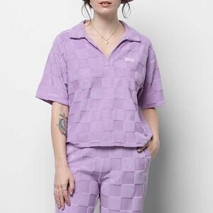 NWT Vans Terry Cloth V-Neck Polo Neck Crop Top in Purple Gingham